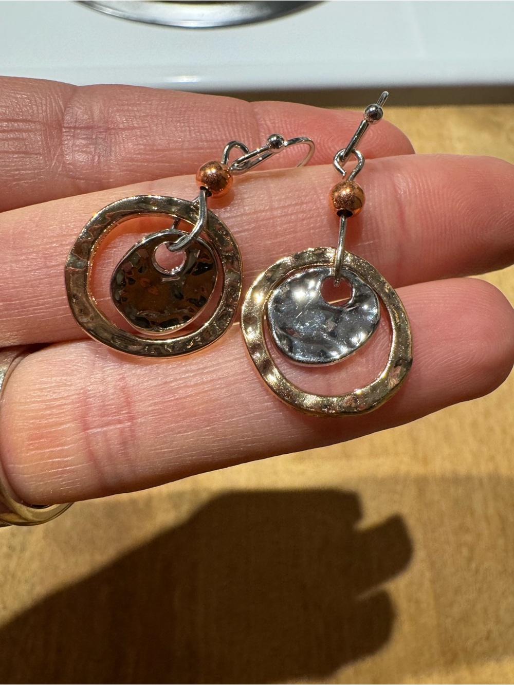 NWT Hammered Double Circle Dangle Earrings - Gold and Silver Tone